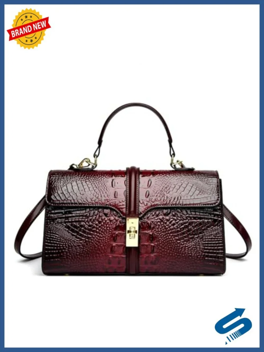 Women Patent Faux Leather Crocodile Tote Satchel Handbag with Snakeskin Handle